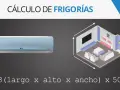 Cálculo de **frigocalorías por metro cuadrado** para climatizar un espacio. Se muestra un aire acondicionado y un diagrama de una habitación con sus dimensiones.