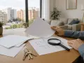 Hombre revisa planos de un piso con lupa y llaves, investigando como saber si un piso tiene cargas.