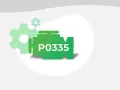 Green engine icon with "P0335" text, symbolizing a diagnostic trouble code. Gears suggest mechanical issues.