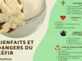 Grains de mère de kéfir sur une cuillère en bois, avec des informations sur ses bienfaits et dangers.
