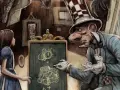 Alice en el asilo, observando al Sombrerero Loco dibujar extraños diagramas en una pizarra.