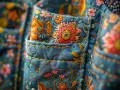 Gros plan sur des poches aux motifs floraux colorés. Différents types de poche, ornés de broderies vives sur fond bleu.