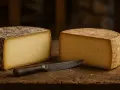 Deux belles tomes de fromage, coupées en deux, reposent sur une planche de bois. Un couteau ancien est posé entre elles.