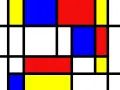 Composition abstraite typique du mouvement artistique de Piet Mondrian, avec des rectangles noirs, blancs, rouges, bleus et jaunes.