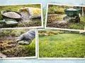 Vier Bilder zeigen die Rasenpflege: Dünger in Schale und Sack, Ausbringung mit Streuwagen und von Hand, sowie ein gesunder Rasen nach dem Vertikutieren.