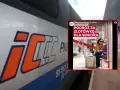 Logo PKP Intercity na pociągu i plakat z seniorami na dworcu.