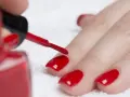 Dopo il primer unghie, si applica lo smalto rosso brillante. La mano è pronta per la manicure.