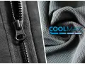 Zamek YKK i sztywna tkanina na spodnie z logo COOLMAX.