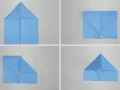 Schritt-für-Schritt-Anleitung zum Papierflieger basteln: Vier Ansichten zeigen, wie aus blauem Papier ein Flugzeug entsteht.