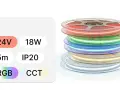 Różne rodzaje taśm LED: RGB, CCT, 24V, 18W, 5m, IP20. Kolorowe rolki taśm LED ułożone jedna na drugiej.