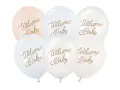 Sex ljusa ballonger med texten "Welcome Baby" i guld. Perfekta för att presentera askar med presenter till en nyfödd.