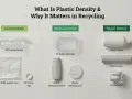 Visual guide showing plastic items categorized by density: PET bottles (lower), food containers (medium), and HDPE bottles/pipes (higher). Understanding the weight of plastics aids recycling.