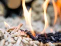 Fiamme danzano su pellet in combustione, un primo piano che mostra il passaggio dal legno chiaro alla cenere scura.