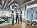 Tres personas discuten sobre un sistema hvac que es, con tuberías visibles en el techo y unidades exteriores.