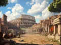 Vista del Coliseo y edificios antiguos, con barriles de madera en primer plano. Un paisaje que evoca el inicio del imperio romano.
