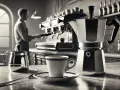 Kawiarka i filiżanka na blacie, barista w tle przygotowuje kawy włoskie.