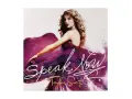 Taylor Swift w fioletowej sukni, z napisem "Speak Now".