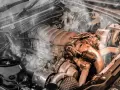 Dym wydobywa się z silnika, wskazując na wysoką temperaturę płynu chłodniczego. Widoczne elementy turbosprężarki i kolektora dolotowego.