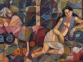 Un homme et une femme dans un décor géométrique, dans le style d'un peintre cubiste.