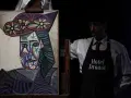 Portrait de Dora Maar par Picasso, présenté par un employé de l'Hôtel Drouot.