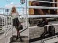Stylizacja z czarną spódniczką i swetrem. Czy mokasyny pasują do sukienki? Tak, te ozdobione perłami świetnie uzupełniają look.