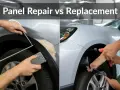 Split image shows auto body damage repair on the left and panel replacement on the right.