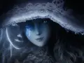 Ranni, la bruja de Elden Ring, con un velo helado y ojos brillantes, envuelta en energía cósmica.