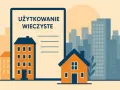 Dokument z napisem "UŻYTKOWANIE WIECZYSTE" obok domków i wieżowców.