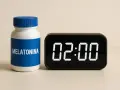 Flacone di melatonina accanto a un orologio digitale che segna le 02:00.