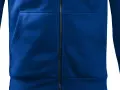 Dettaglio di una felpa con cappuccio blu royal, con zip e tasca a marsupio.