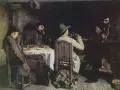 Obras de arte de Gustave Courbet: hombres reunidos en una taberna, uno toca la flauta, otro bebe, un perro duerme.