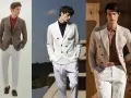 Tre uomini mostrano un elegante abbinamento polo e giacca, con pantaloni chiari per un look estivo raffinato.