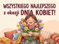 Wszystkiego najlepszego z okazji Dnia Kobiet! Uśmiechnięta dziewczyna z bukietem kwiatów, kotek i kubek kawy.