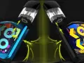 Dos dispositivos koko vape, uno azul y otro negro, con cartuchos listos para ser insertados. Flechas amarillas indican la conexión.