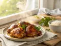 Une assiette de cuisse de poulet au four, dorée et fumante, garnie de persil frais. Du riz blanc et une purée de céréales sont servis à côté.