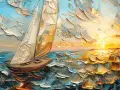 Un tableau voilier contemporain, texture épaisse, naviguant sur une mer agitée sous un ciel lumineux au coucher du soleil.