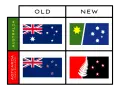 Porównanie starych i nowych flag Australii i Nowej Zelandii. Widoczne są flagi Australii i Aotearoa (Nowej Zelandii) w wersjach "OLD" i "NEW".