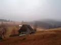 Mglisty krajobraz na przełęczy Przegibek. Drewniany dom z ciemnym dachem, otoczony suchą trawą i drzewami.