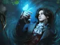 Un joven con un traje elegante interactúa con una mariposa luminosa, evocando la atmósfera de los vinilos de Lies of P.