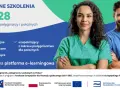 Dwie uśmiechnięte osoby w strojach medycznych, promujące bezpłatny kurs zawodowy dla pielęgniarek i położnych.