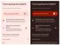 Dwa ekrany telefonu z opcjami oszczędzania baterii. Po lewej jasny motyw, po prawej ciemny. Oba pokazują włączony tryb oszczędzania energii.