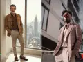 Hombre con chaqueta y pantalón beige, estilo smart casual. Otro hombre con chaqueta de cuadros y pantalón gris.