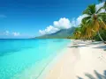 Rajska plaża z palmami i turkusową wodą. Idealna pogoda na Mauritius w listopadzie, słońce i błękitne niebo.