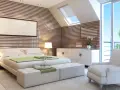 Chambre moderne avec mur en lattes de bois. Estimation du prix pour peindre une chambre de 12m2.