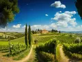 Un incantevole panorama toscano con vigneti rigogliosi, cipressi slanciati e una casa colonica in pietra. Un invito a una **ruta por la Toscana** indimenticabile.