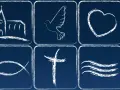 Sechs Symbole: Kirche, Taube, Herz, Fisch, Kreuz und Wellen. Sie repräsentieren das glaubensbekenntnis evangelisch.