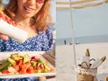 Letnia sałatka i bagietki w koszyku to idealne przekąski na plażę. Słońce, morze i pyszne jedzenie.