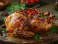 Un appétissant poulet au four, doré et croustillant, garni de persil frais sur un plateau en bois rustique.