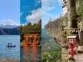 Piękne Japonia widoki: góra Fudżi, czerwona brama torii w wodzie, skalny taras widokowy i latarnia przy drzewie.