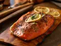 Perfekt gegarter Lachs auf Holzbrett, garniert mit Zitrone und Dill. Die ideale lachs kerntemperatur sorgt für saftigen Genuss.